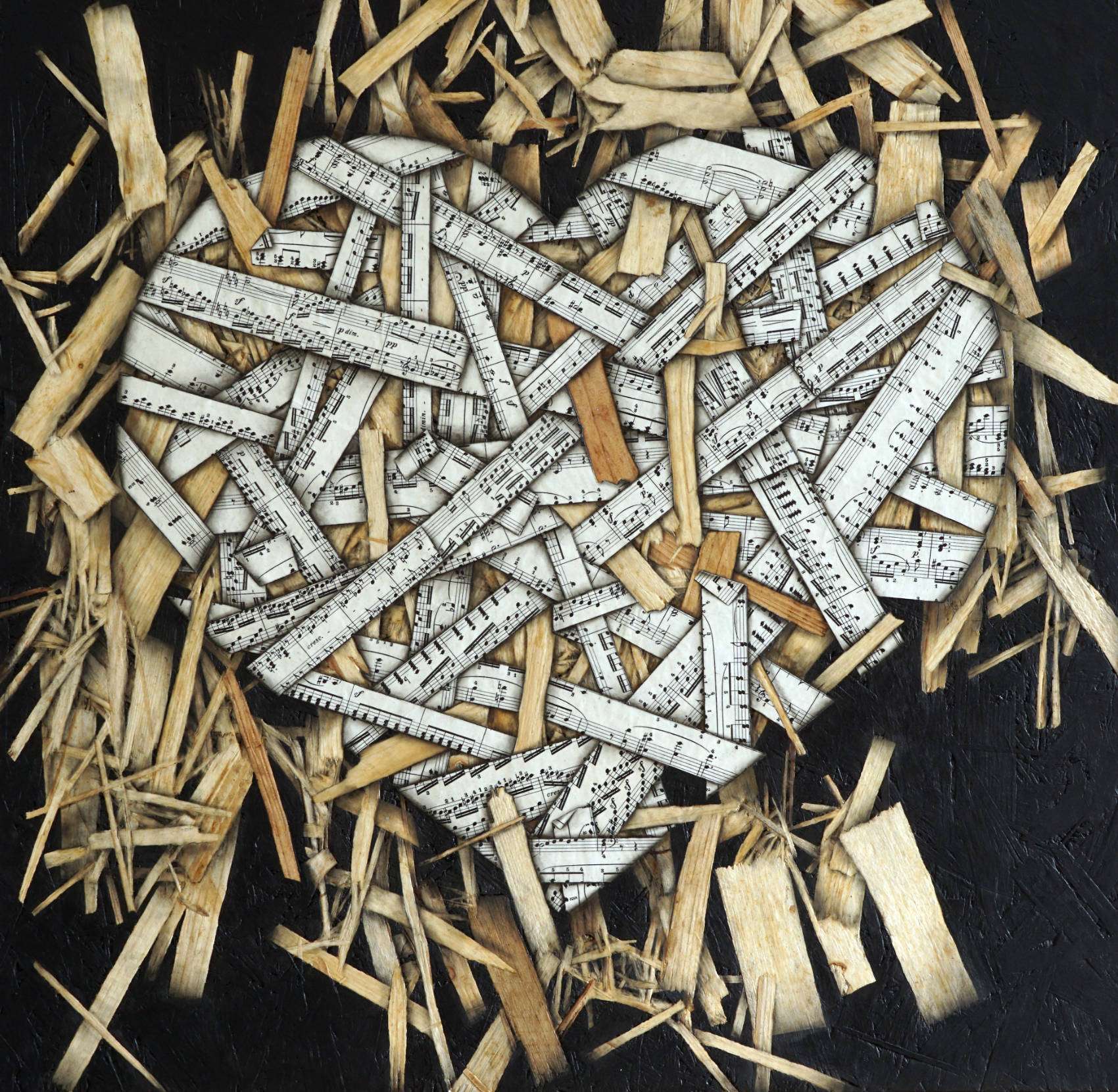 how to mend a broken heart is a mixed media artwork by stanley greenig, a generic heart is formed from strips of sheets music randomly placed and overlapping each other whilst giving the illusion they are inserted above and underneath the wooden textures of the OSB they are glued to. It is a mesmerising piece with a 3d illusion of wrapped music and flowting wood